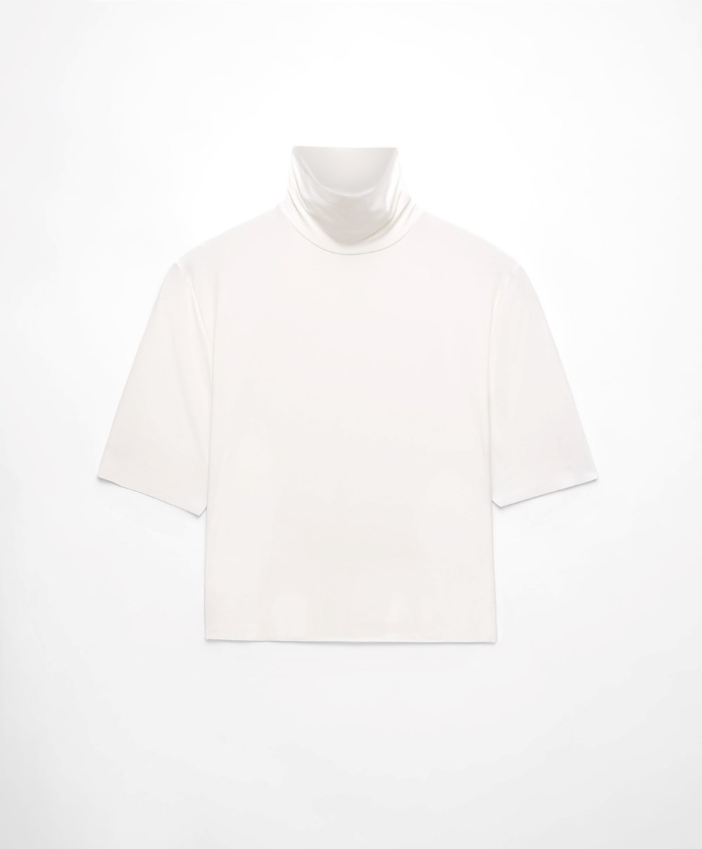 White Oysho Cropped T-shirt With Raised Neck | CVEZ35427