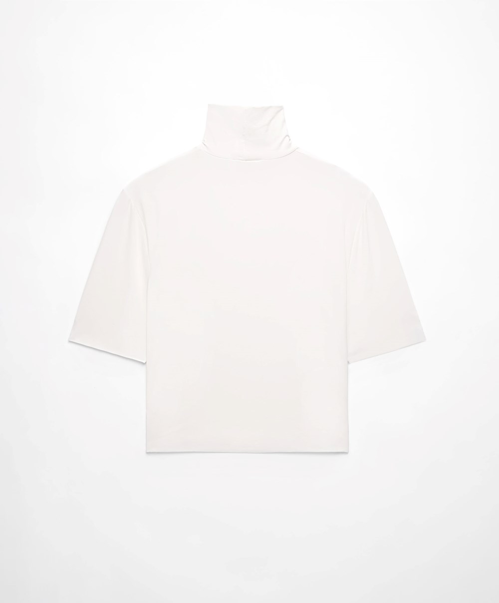 White Oysho Cropped T-shirt With Raised Neck | CVEZ35427