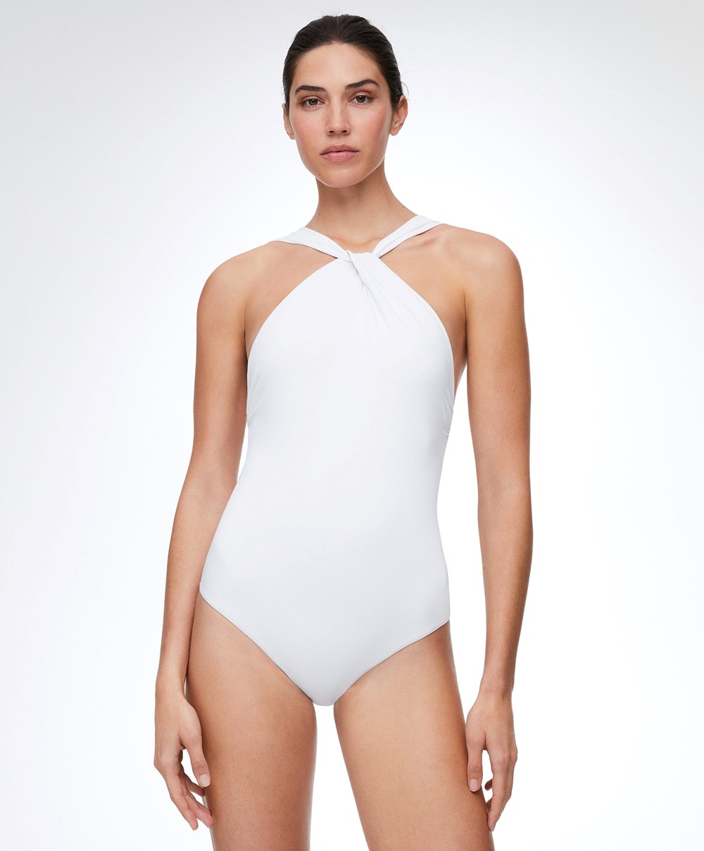 White Oysho Draped Halter Swimsuit | IGSM58402