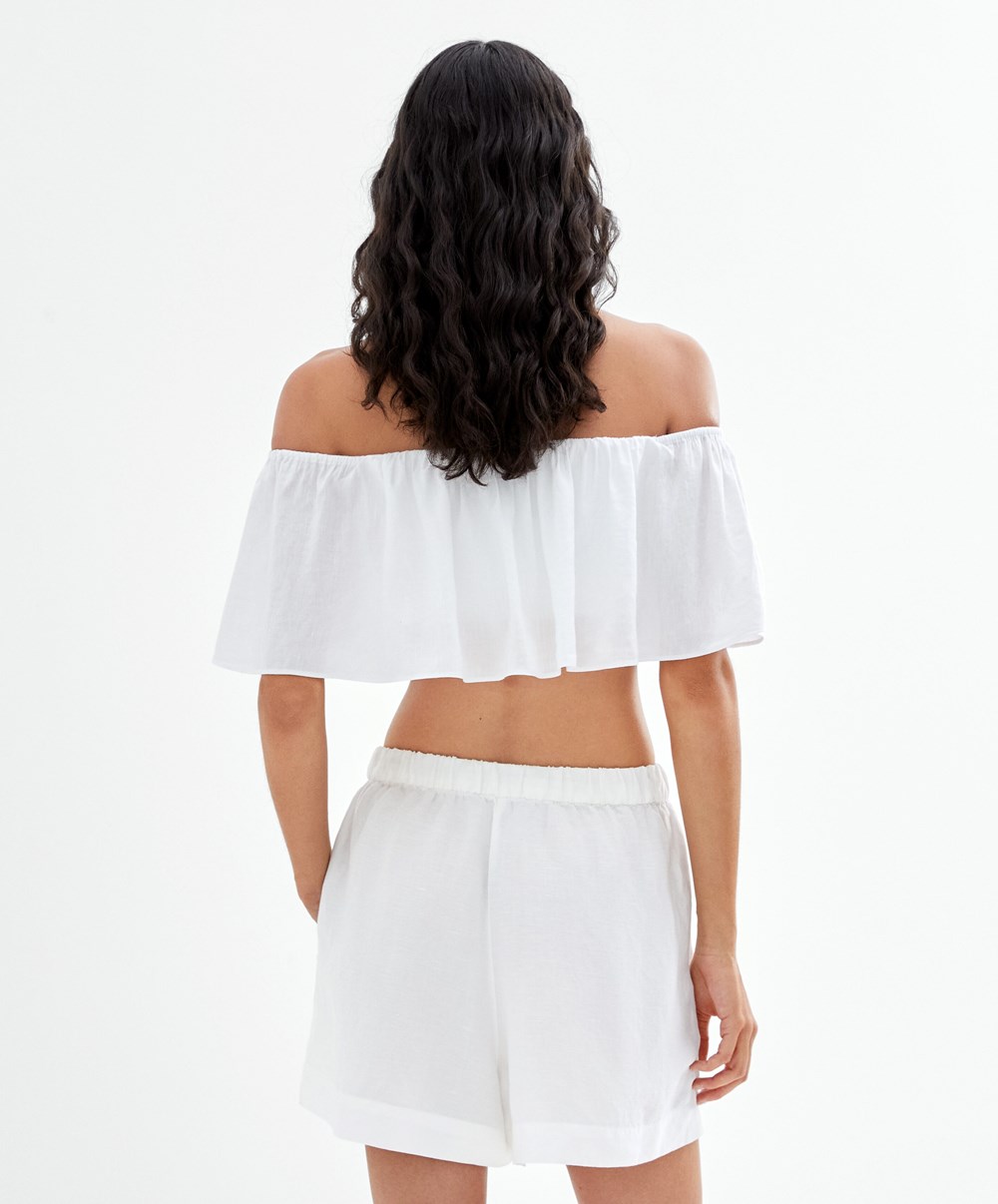 White Oysho Linen Off-shoulder Top | CIWH63095