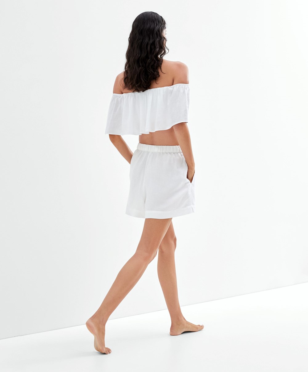 White Oysho Linen Off-shoulder Top | CIWH63095