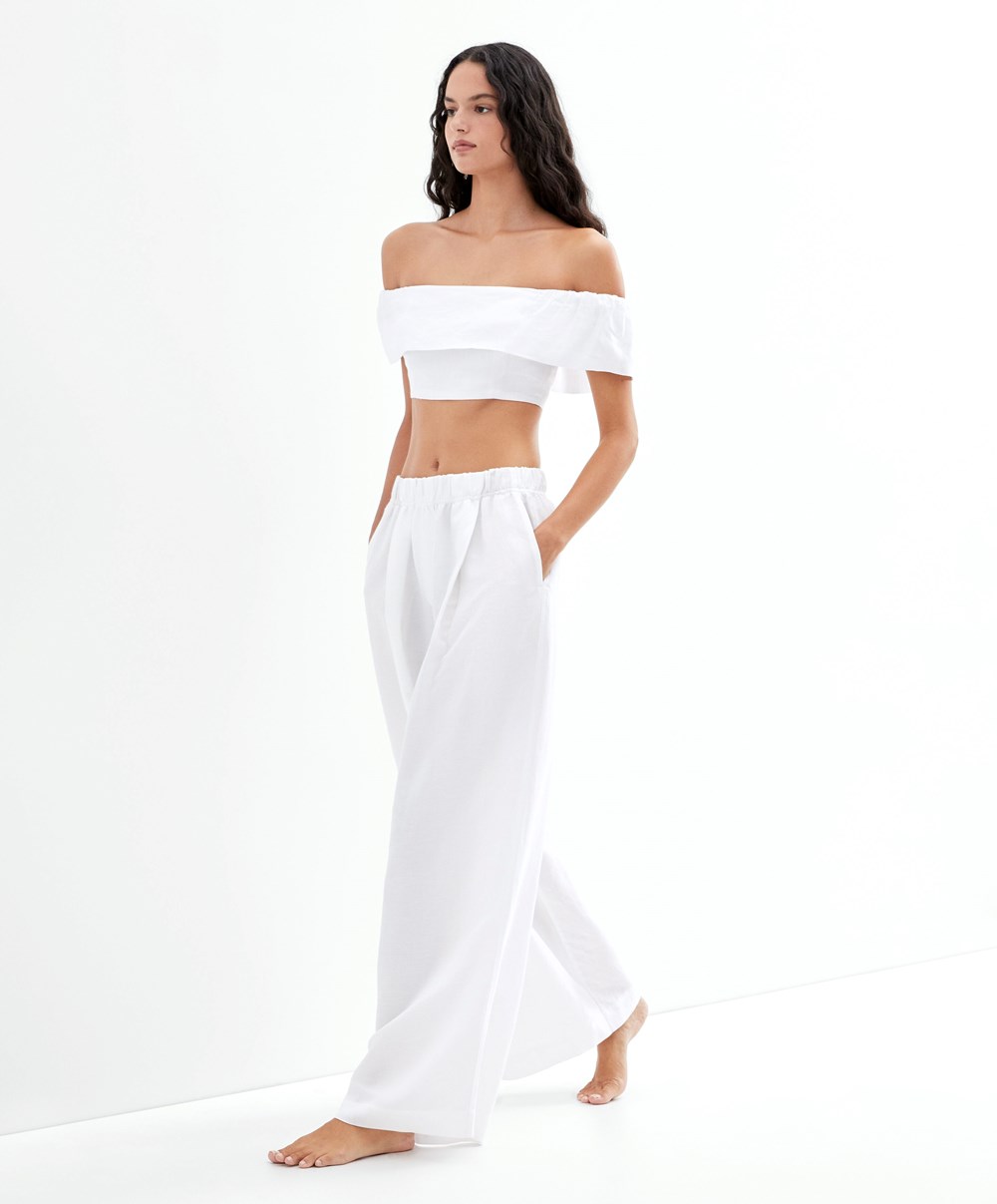 White Oysho Linen Off-shoulder Top | PZBL91784