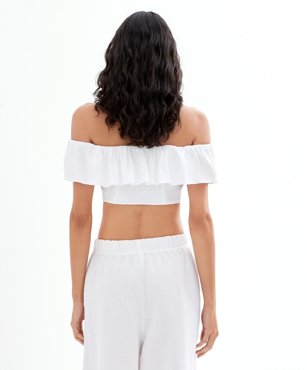 White Oysho Linen Off-shoulder Top | PZBL91784