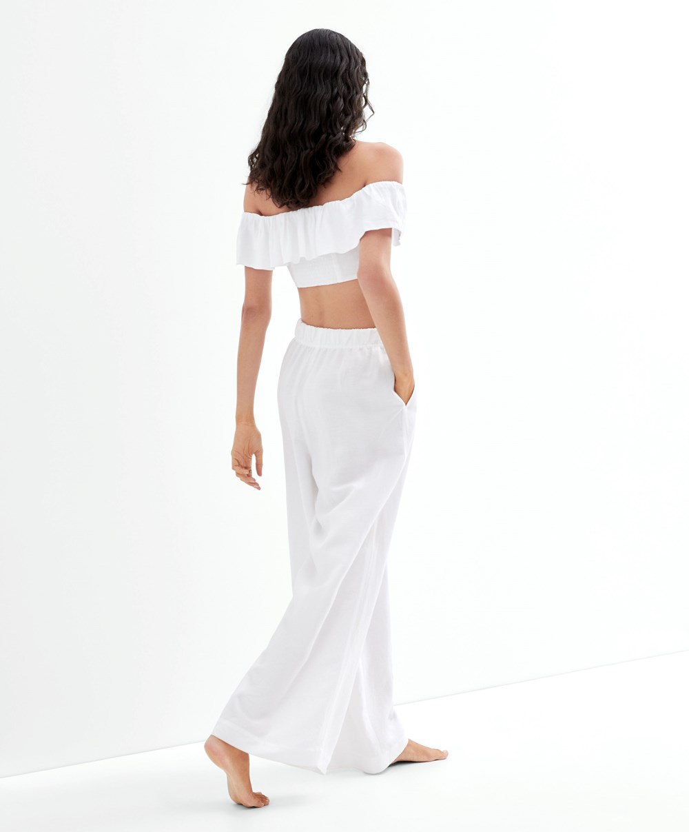 White Oysho Linen Off-shoulder Top | PZBL91784