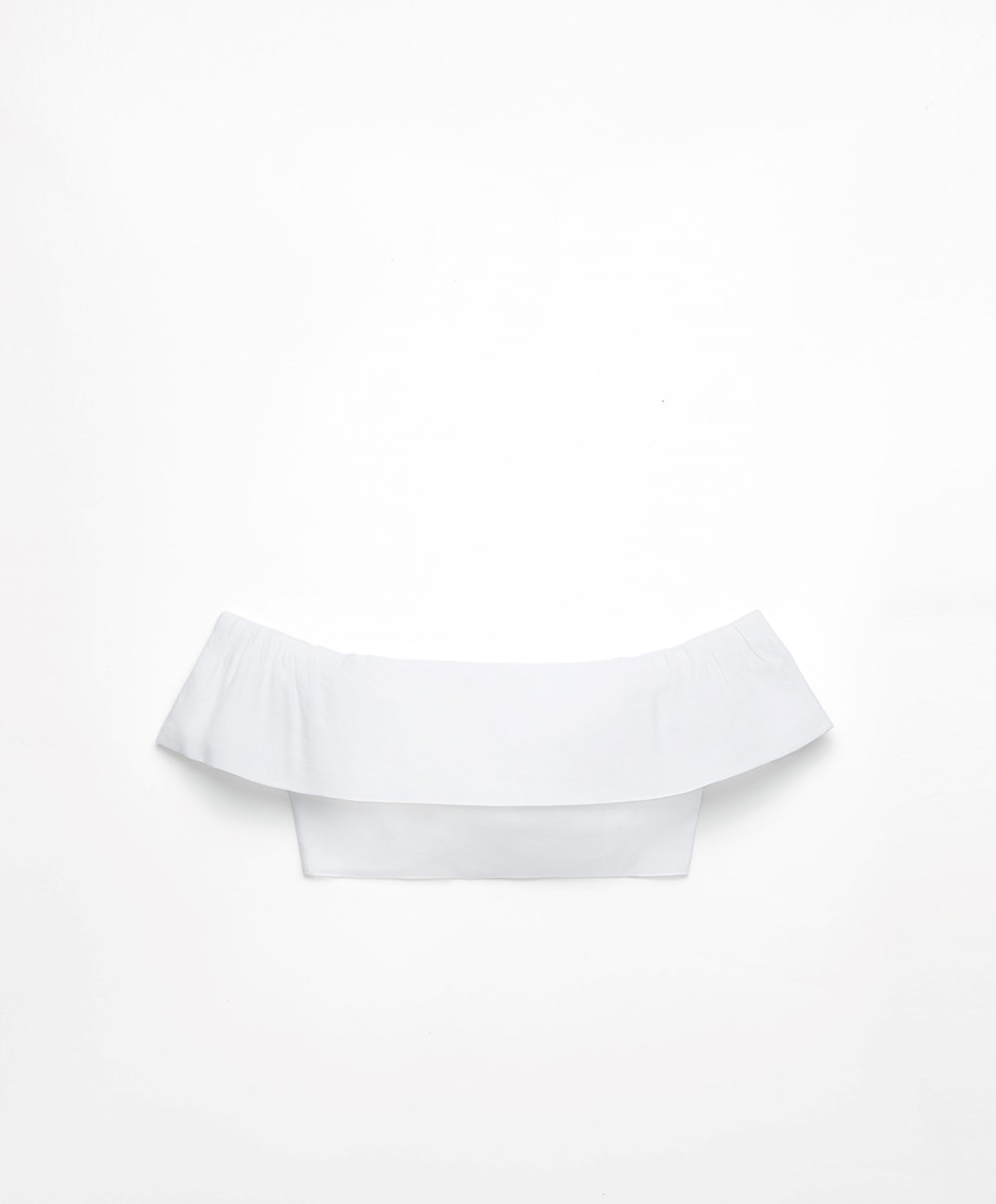 White Oysho Linen Off-shoulder Top | PZBL91784