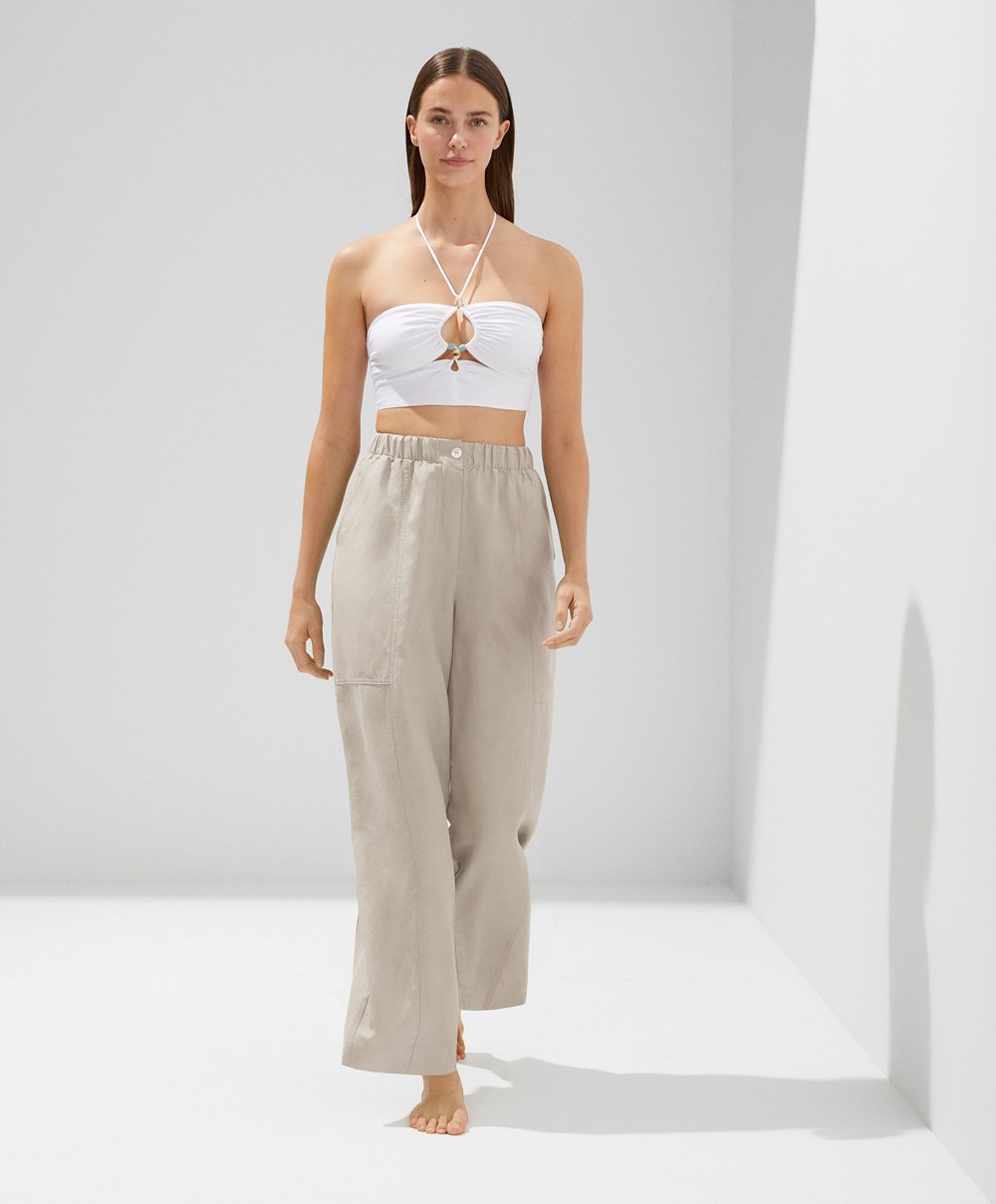 White Oysho Linen Strappy Top With Stone Details | VZCL80974