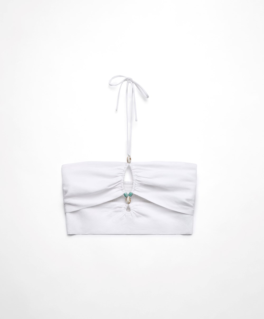 White Oysho Linen Strappy Top With Stone Details | VZCL80974