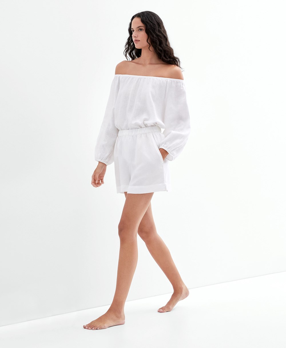 White Oysho Long-sleeved 100% Linen Blouse | JNYS05496