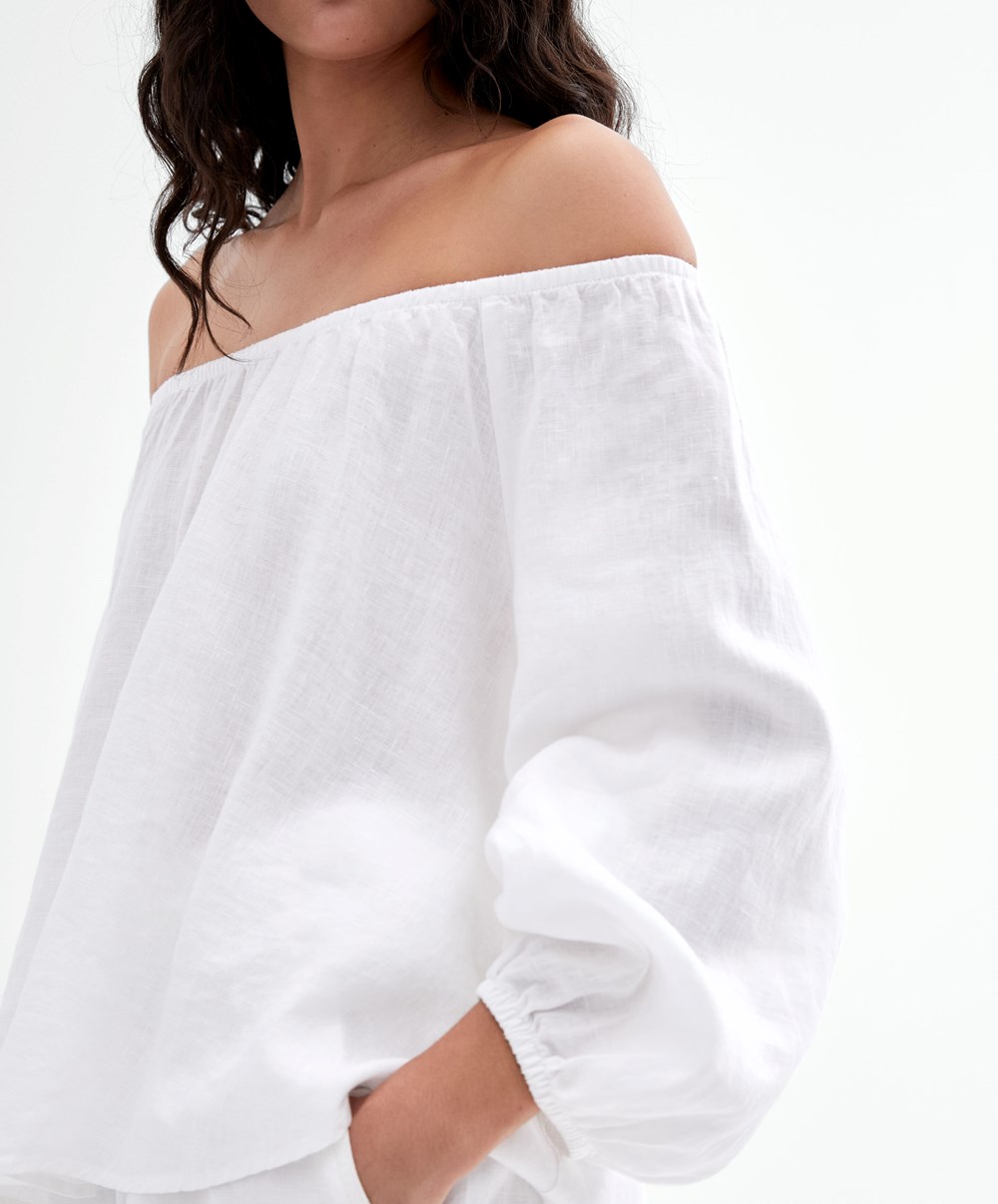 White Oysho Long-sleeved 100% Linen Blouse | JNYS05496