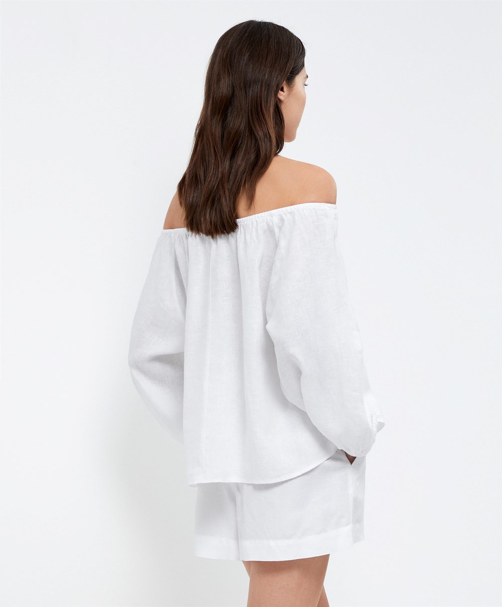 White Oysho Long-sleeved 100% Linen Blouse | JNYS05496