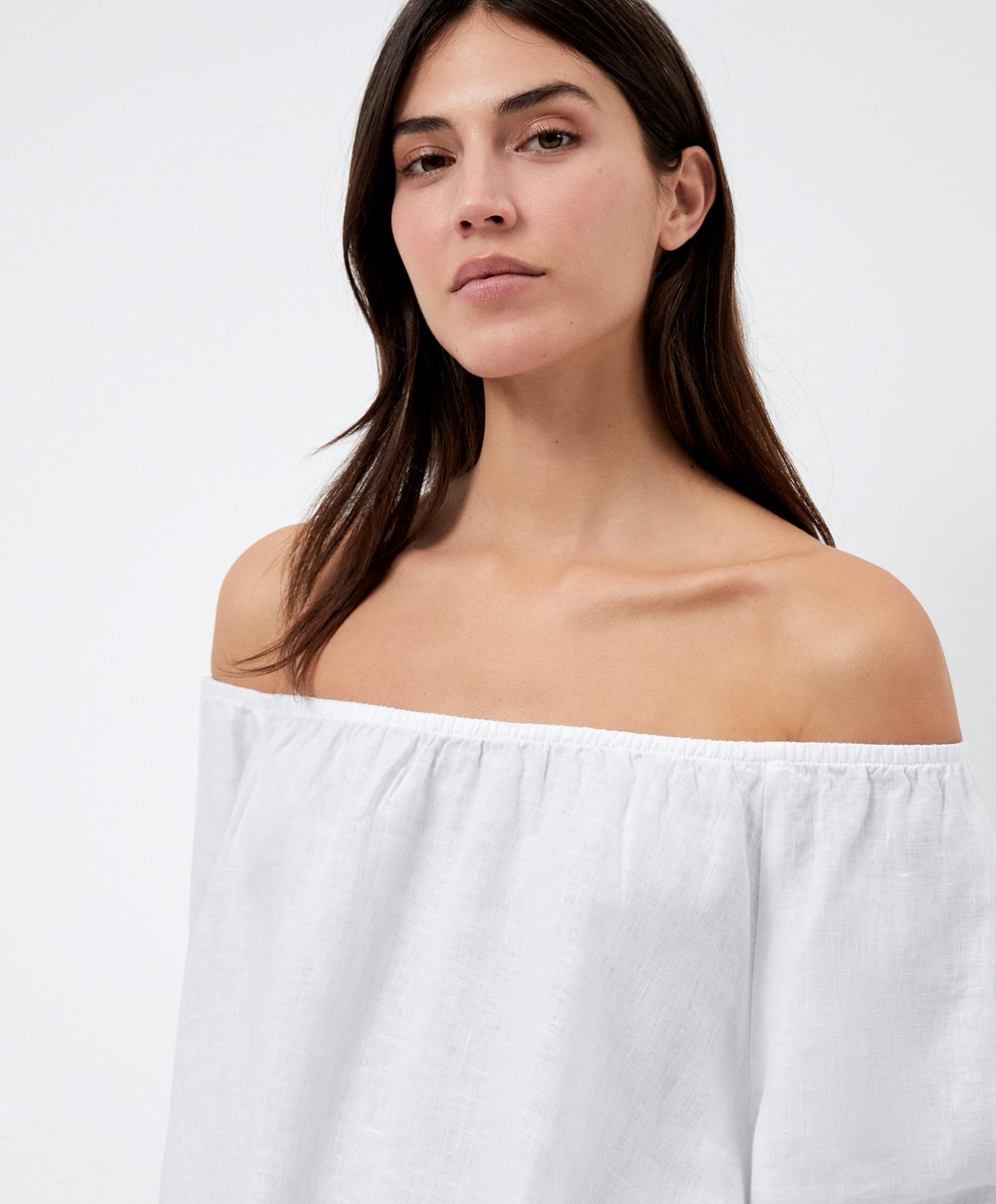 White Oysho Long-sleeved 100% Linen Blouse | JNYS05496