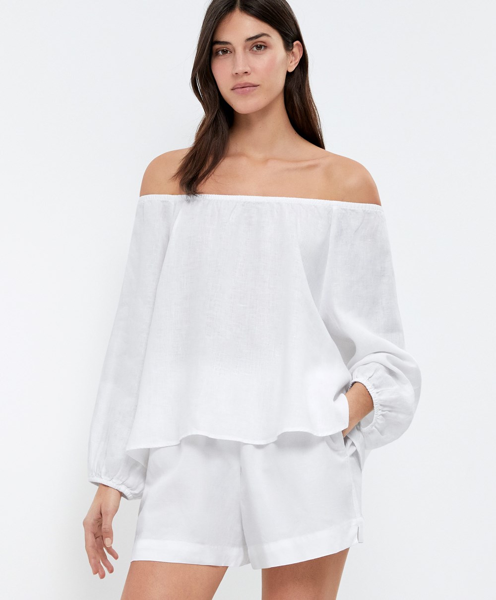 White Oysho Long-sleeved 100% Linen Blouse | JNYS05496