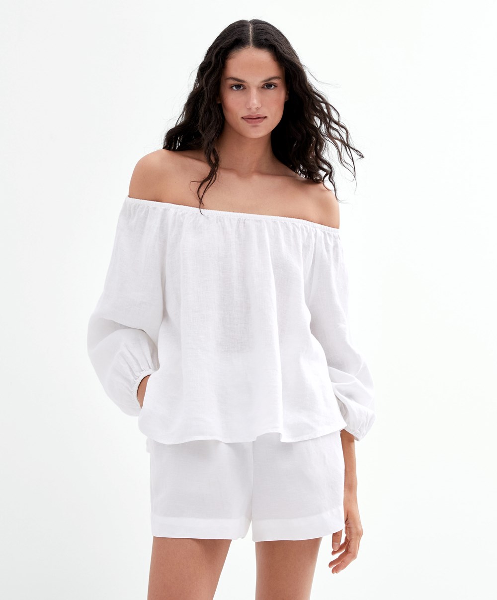 White Oysho Long-sleeved 100% Linen Blouse | JNYS05496