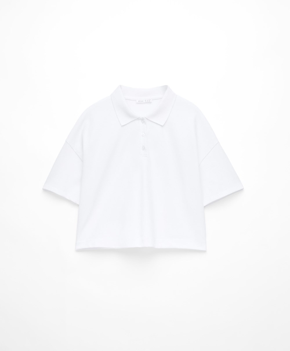 White Oysho Piqué Cotton Polo Shirt | JNCB01952