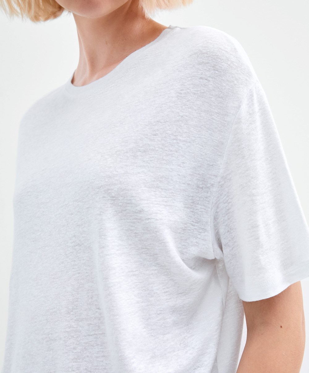 White Oysho Short Sleeve Linen T-shirt | IOKN34890