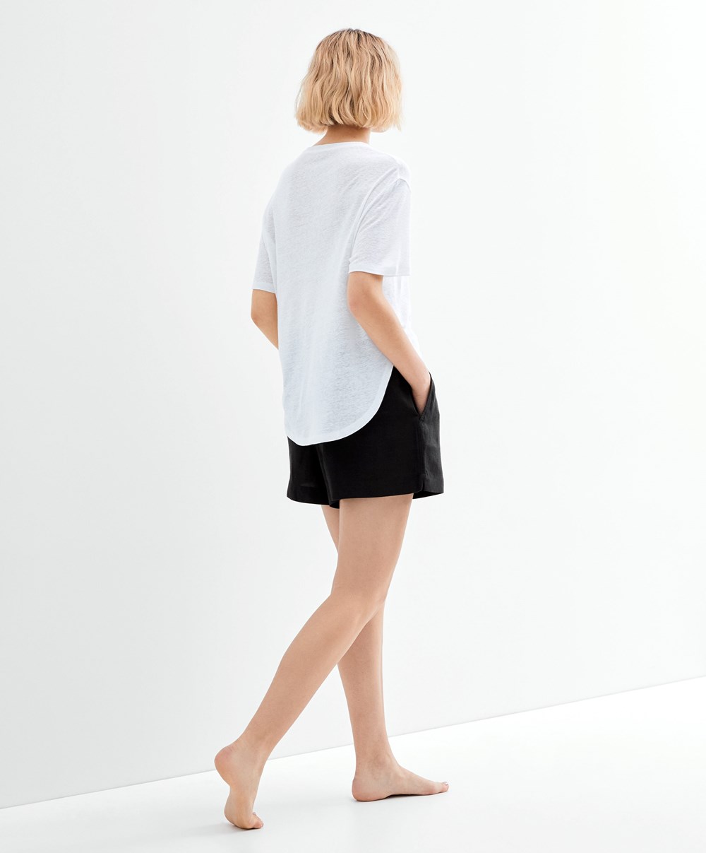 White Oysho Short Sleeve Linen T-shirt | IOKN34890