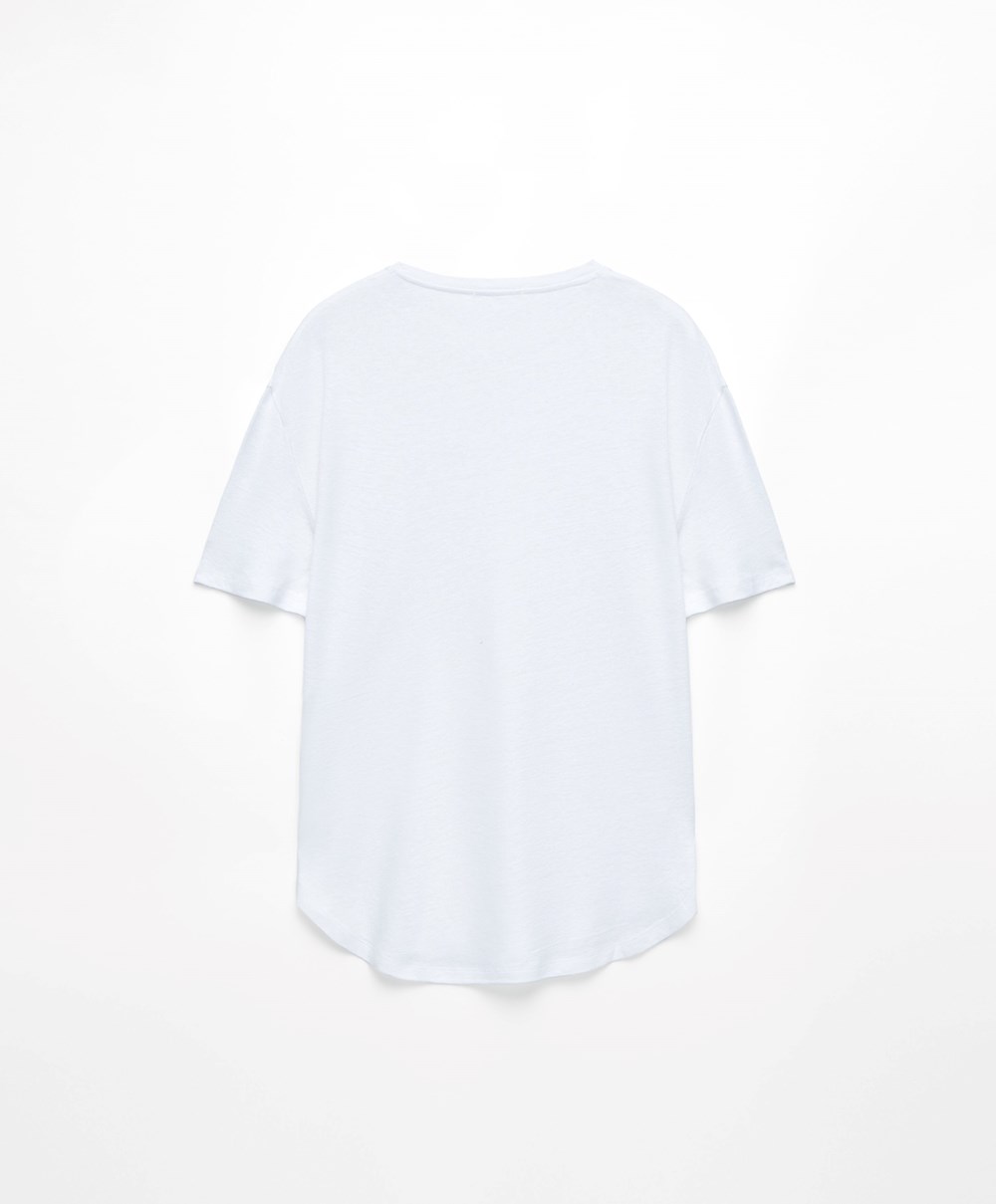 White Oysho Short Sleeve Linen T-shirt | IOKN34890