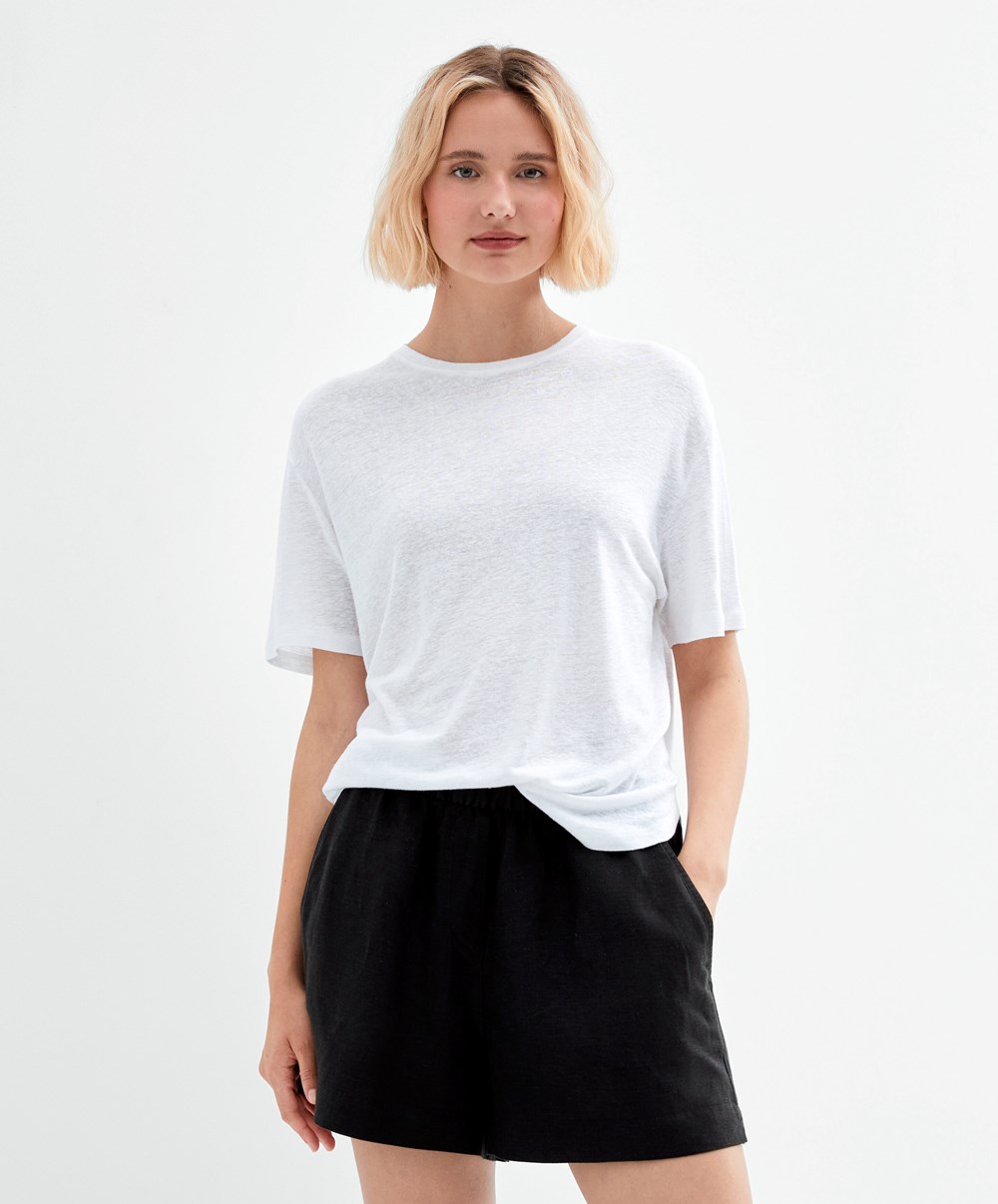 White Oysho Short Sleeve Linen T-shirt | IOKN34890