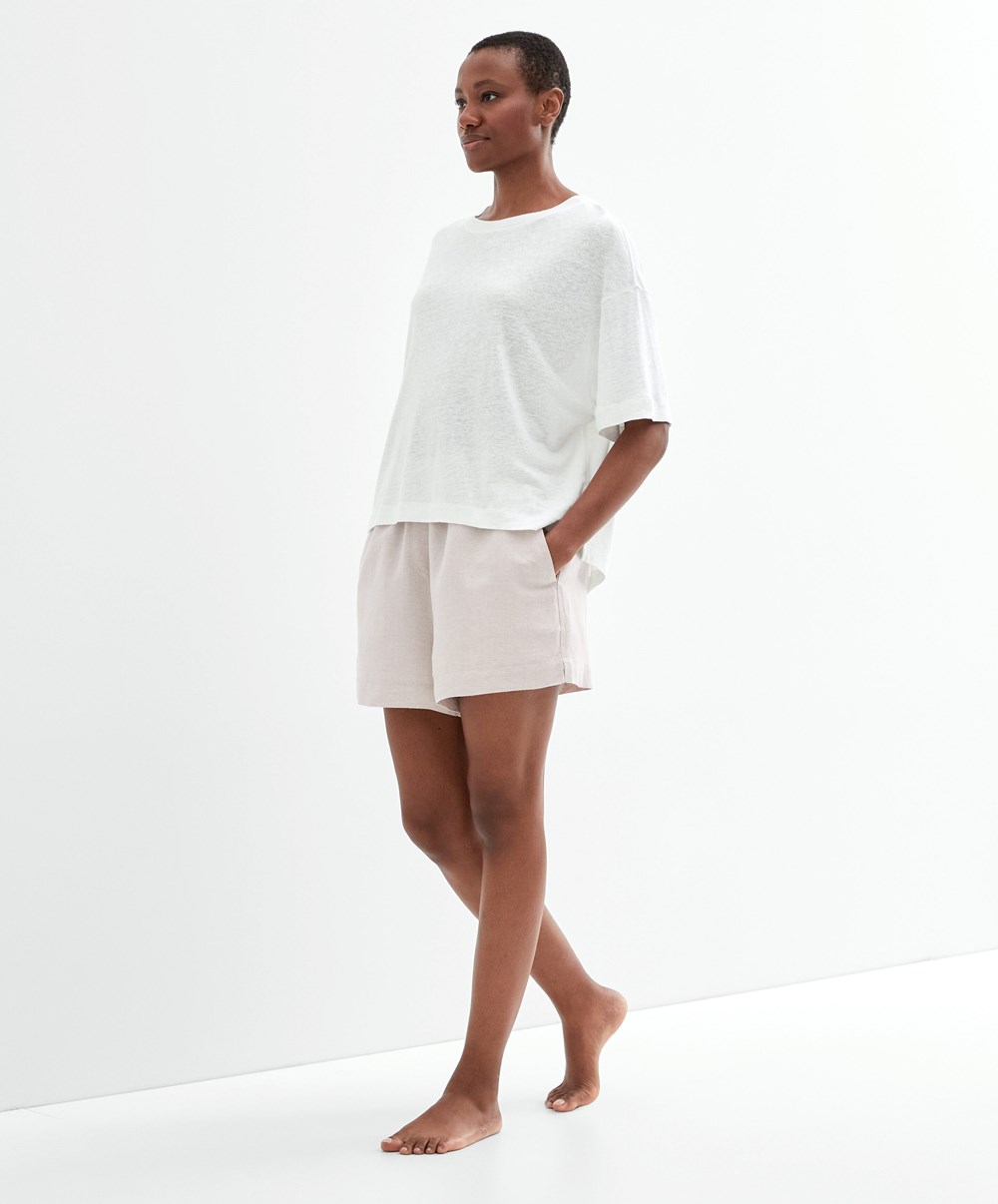 White Oysho Short Sleeve Linen T-shirt | LDAI68174