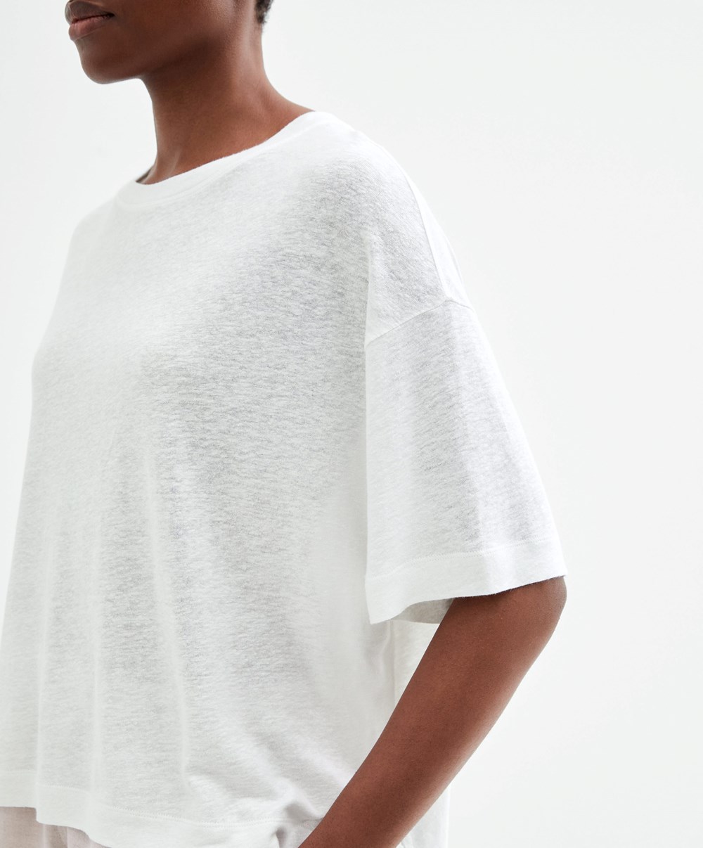 White Oysho Short Sleeve Linen T-shirt | LDAI68174