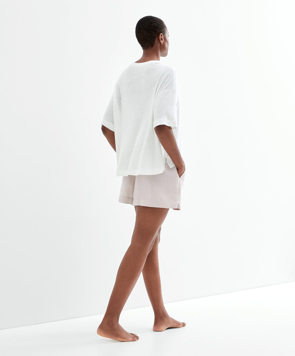 White Oysho Short Sleeve Linen T-shirt | LDAI68174