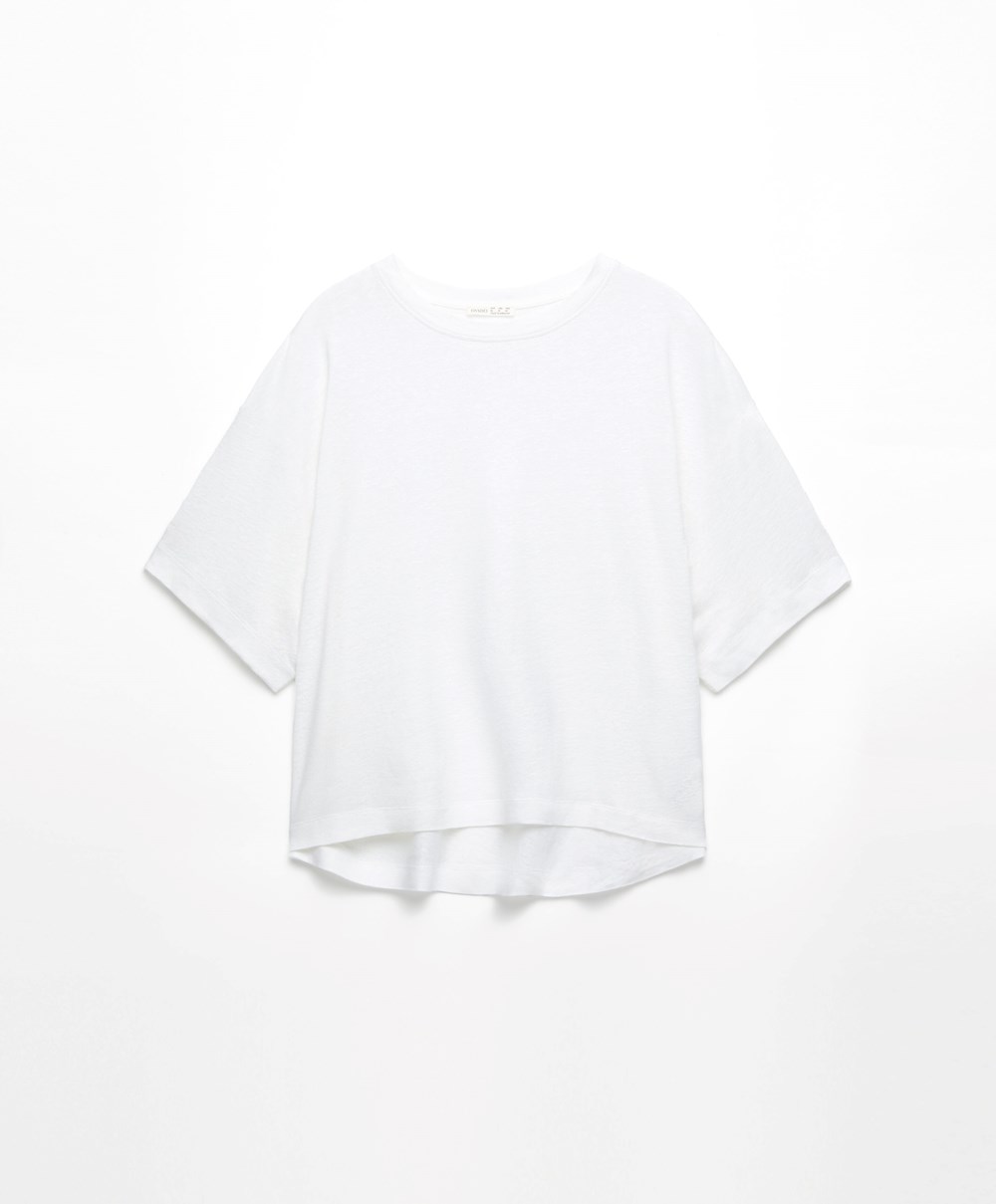 White Oysho Short Sleeve Linen T-shirt | LDAI68174