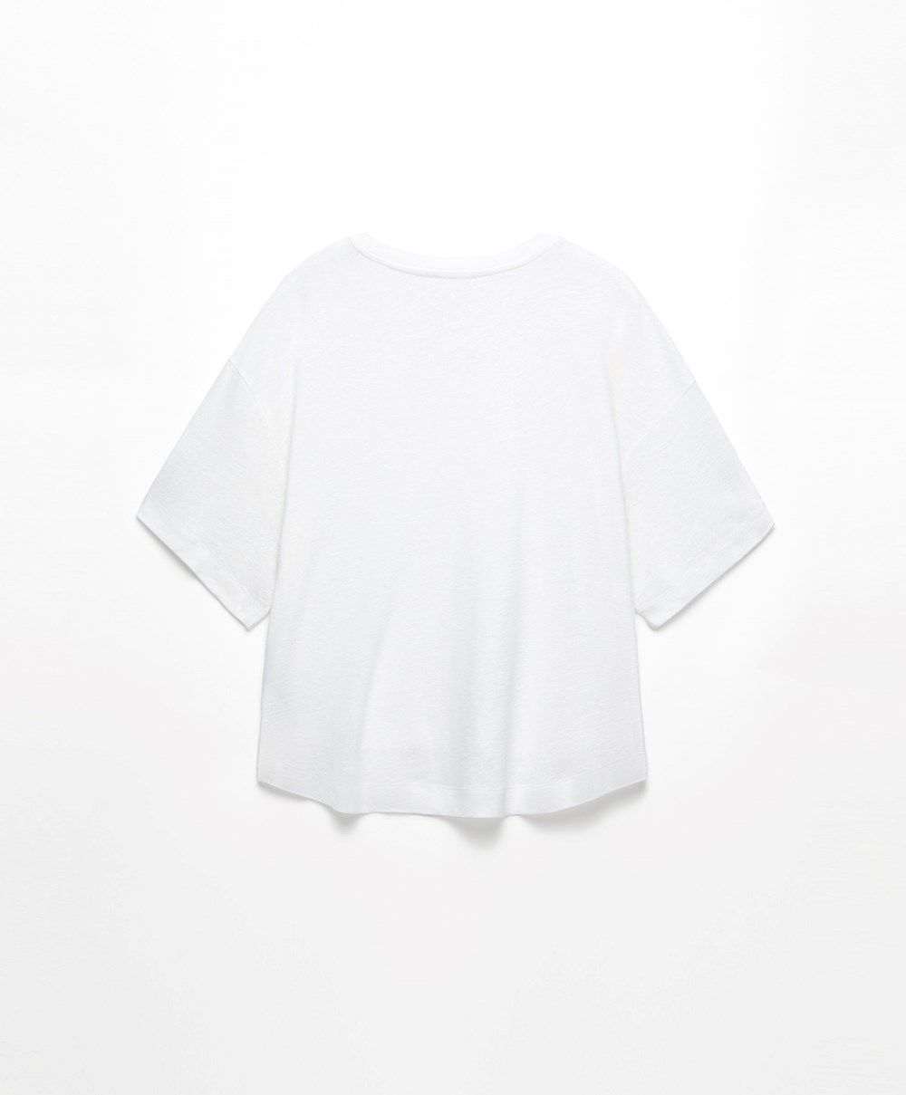 White Oysho Short Sleeve Linen T-shirt | LDAI68174