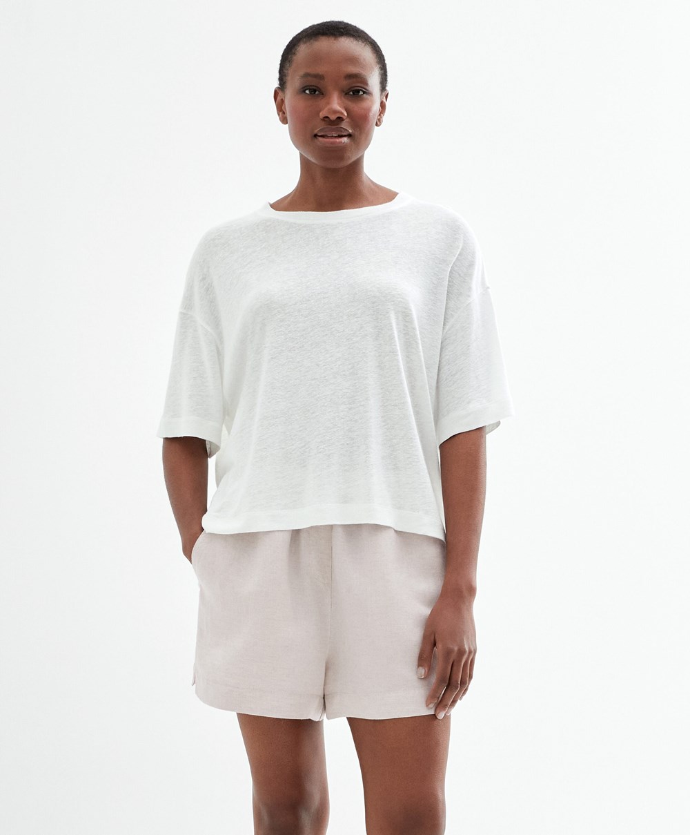 White Oysho Short Sleeve Linen T-shirt | LDAI68174