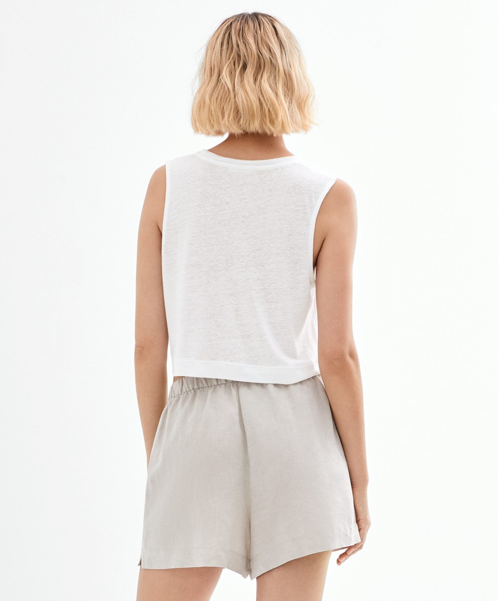 White Oysho Sleeveless Linen T-shirt | OEHL40932