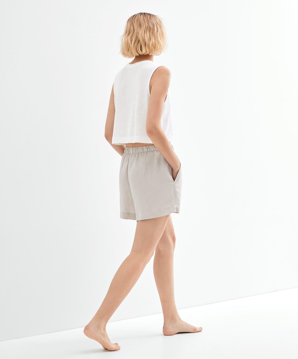 White Oysho Sleeveless Linen T-shirt | OEHL40932