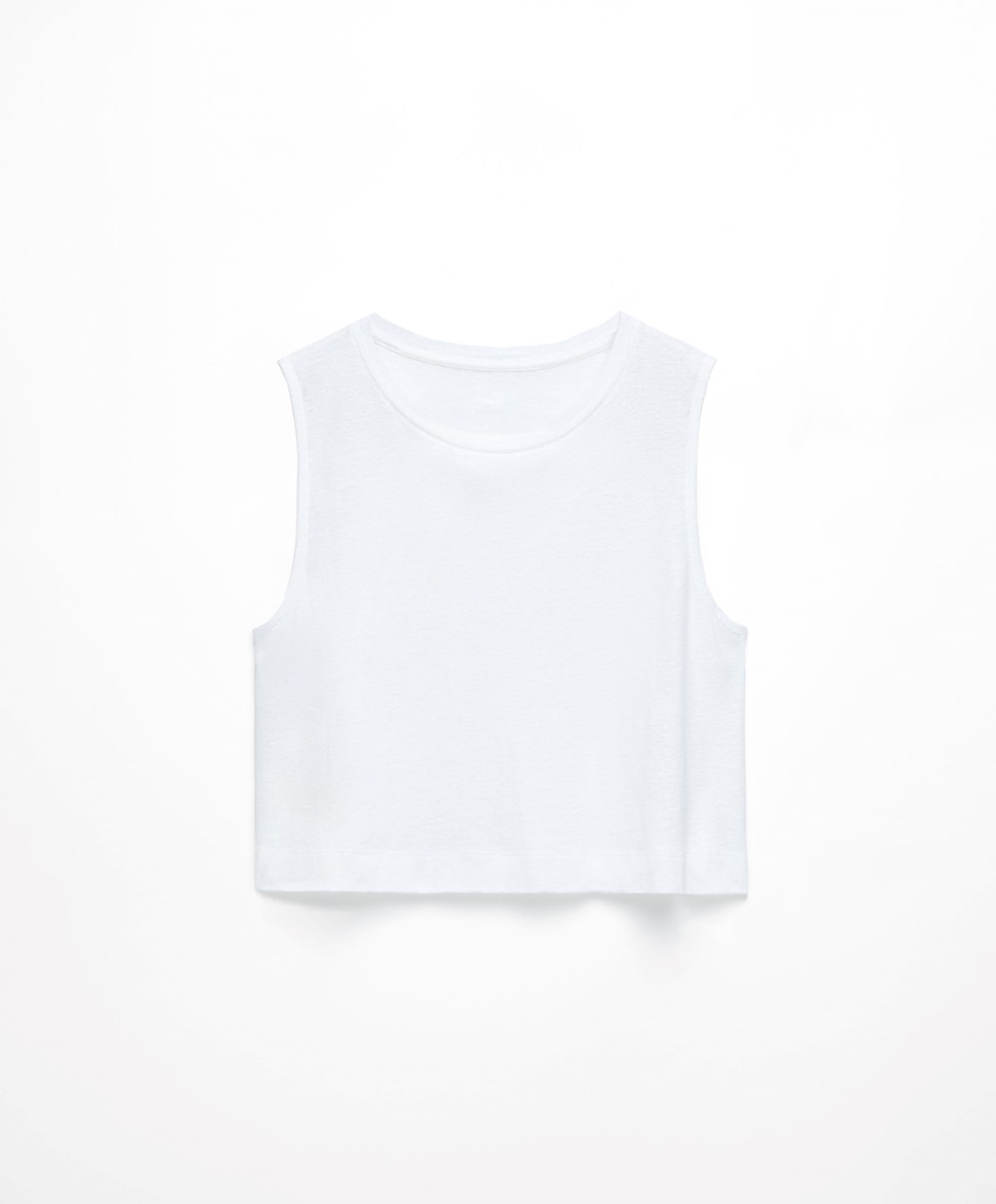 White Oysho Sleeveless Linen T-shirt | OEHL40932