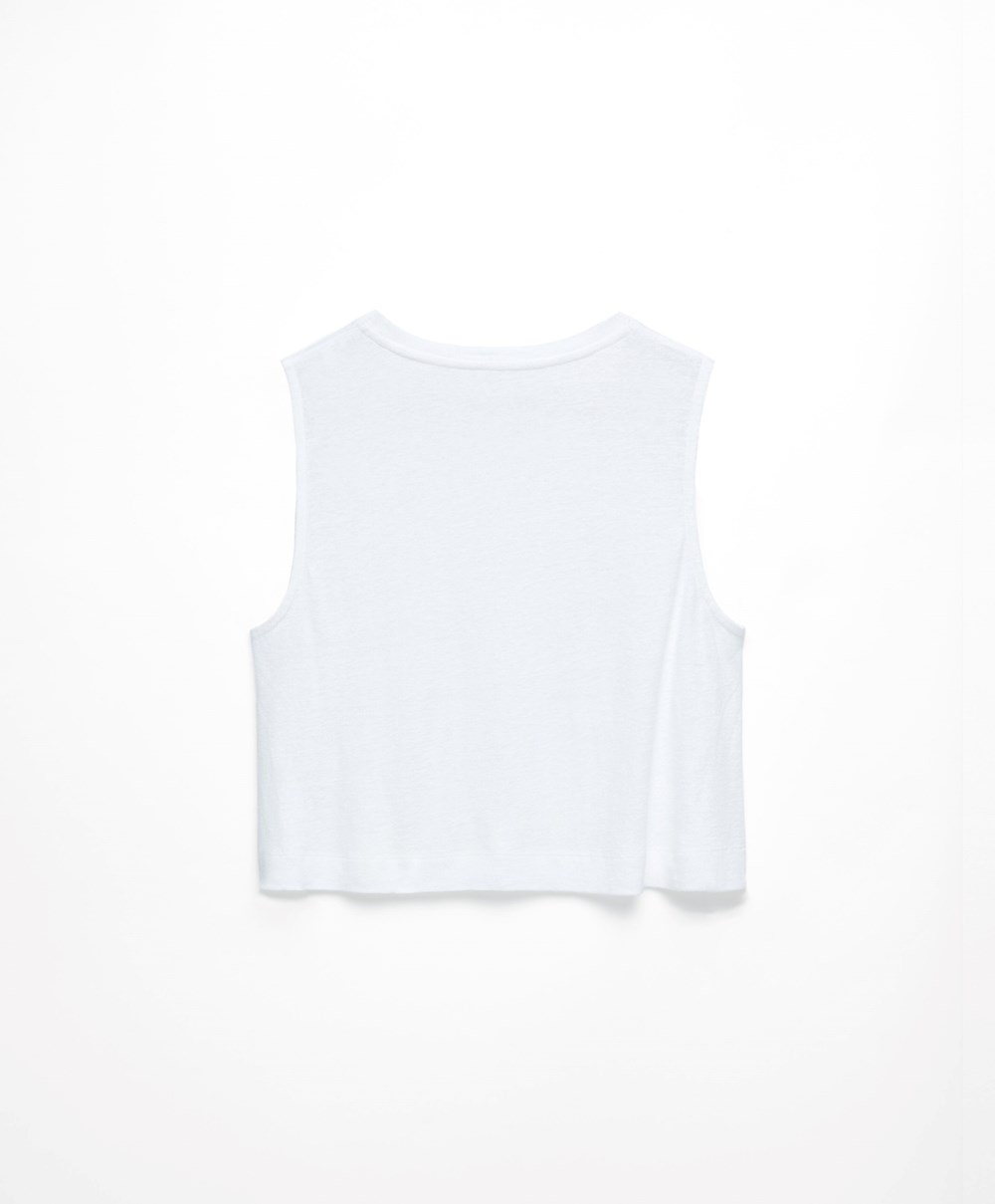 White Oysho Sleeveless Linen T-shirt | OEHL40932