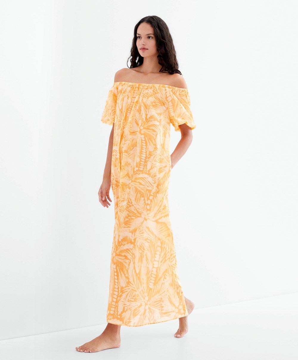 Yolk Yellow Oysho 100% Cotton Off Shoulder Dress | CZEJ47632