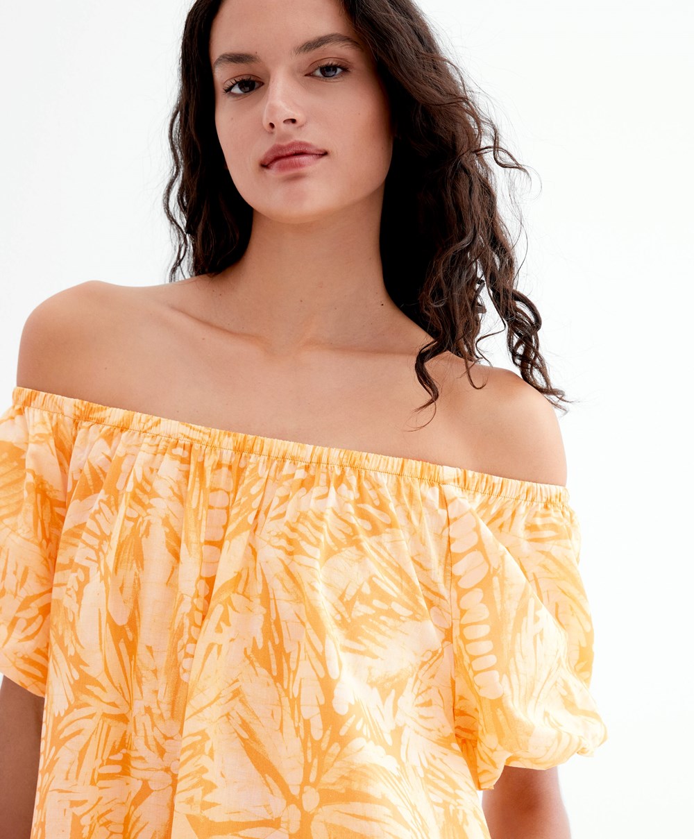 Yolk Yellow Oysho 100% Cotton Off Shoulder Dress | CZEJ47632