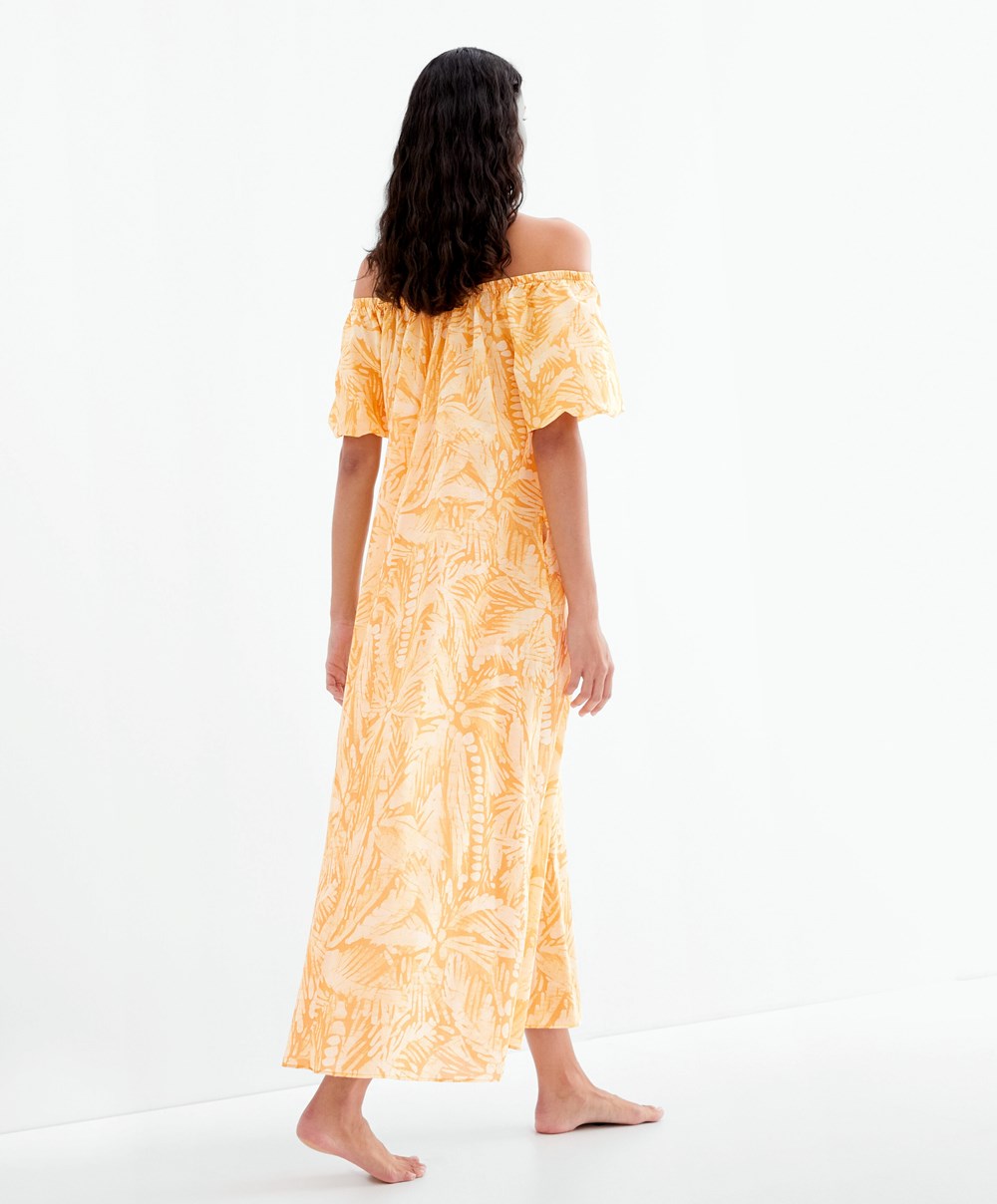 Yolk Yellow Oysho 100% Cotton Off Shoulder Dress | CZEJ47632