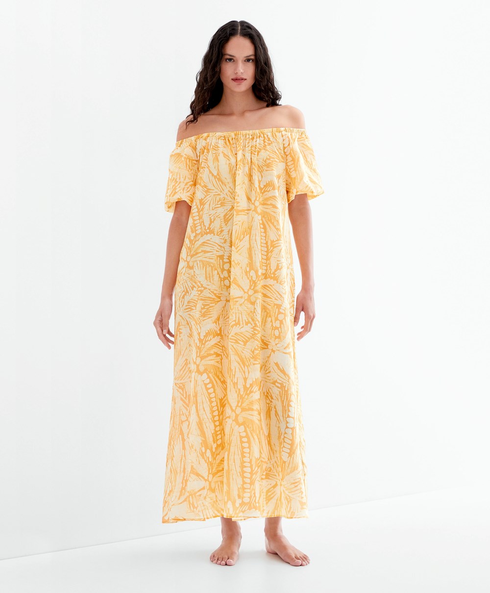 Yolk Yellow Oysho 100% Cotton Off Shoulder Dress | CZEJ47632