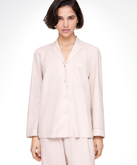 Beige Oysho Long-sleeved Linen Shirt | JIMX53416