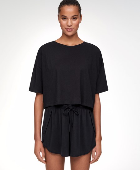 Black Oysho 100% Cotton Cropped Short-sleeved T-shirt | TSJQ85703