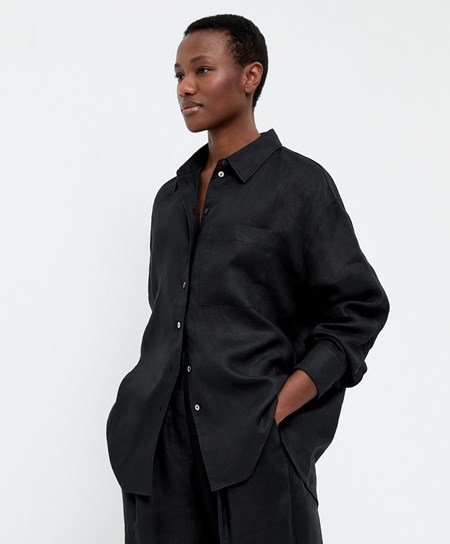 Black Oysho 100% Linen Long-sleeved Shirt | FYVJ42316