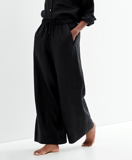 Black Oysho 100% Linen Wide Straight-leg Trousers | DEGV63421