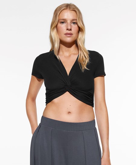 Black Oysho Crop Modal Knot T-shirt | OPUH84619