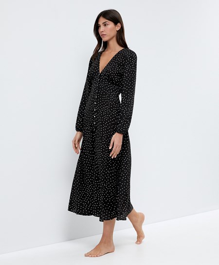 Black Oysho Dotted Long-sleeved Long Dress | SKLO92365