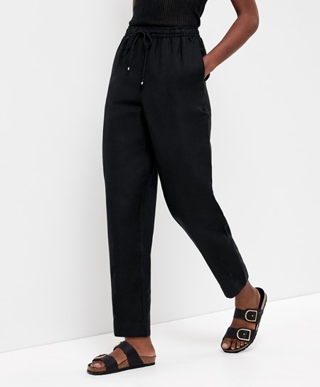 Black Oysho Linen Relaxed Fit Trousers | TQGU54370