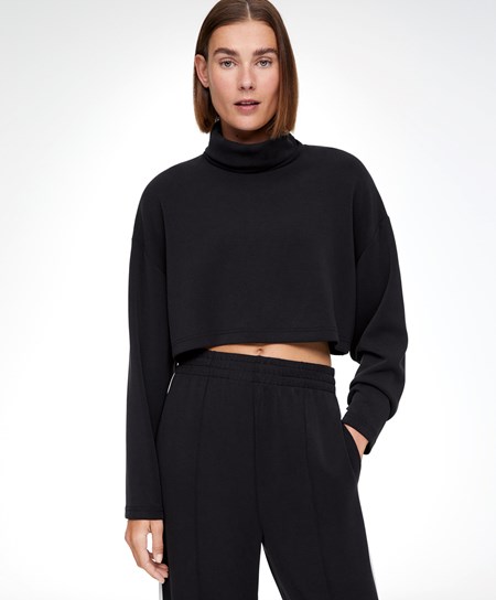 Black Oysho Modal Roll-neck Crop Sweatshirt | RVEX16425