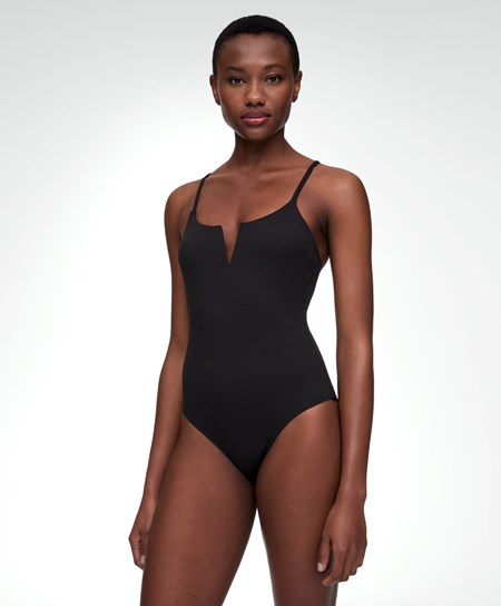 Black Oysho Piqué V-neck Swimsuit | IKQH48905