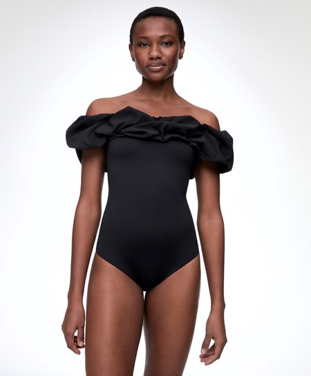 Black Oysho Ruffle Bandeau Swimsuit | YVGF95174