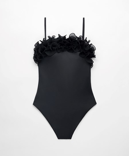 Black Oysho Ruffled Bandeau Swimsuit | QYNI30658