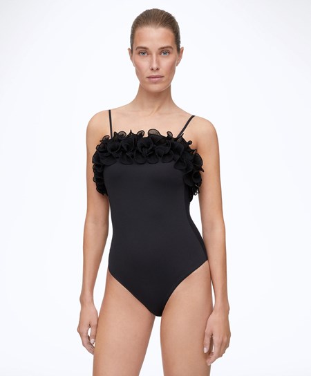 Black Oysho Ruffled Bandeau Swimsuit | WTRL92430