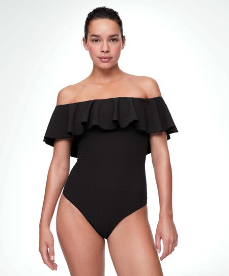 Black Oysho Seersucker Bandeau Swimsuit | RBZM57289