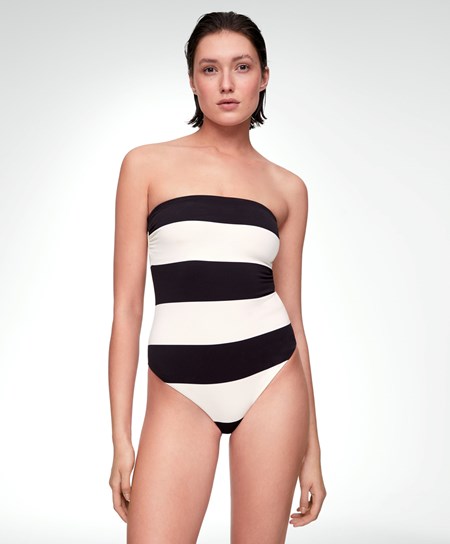 Black Oysho Stripe Piqué Bandeau Swimsuit | PHQC14907